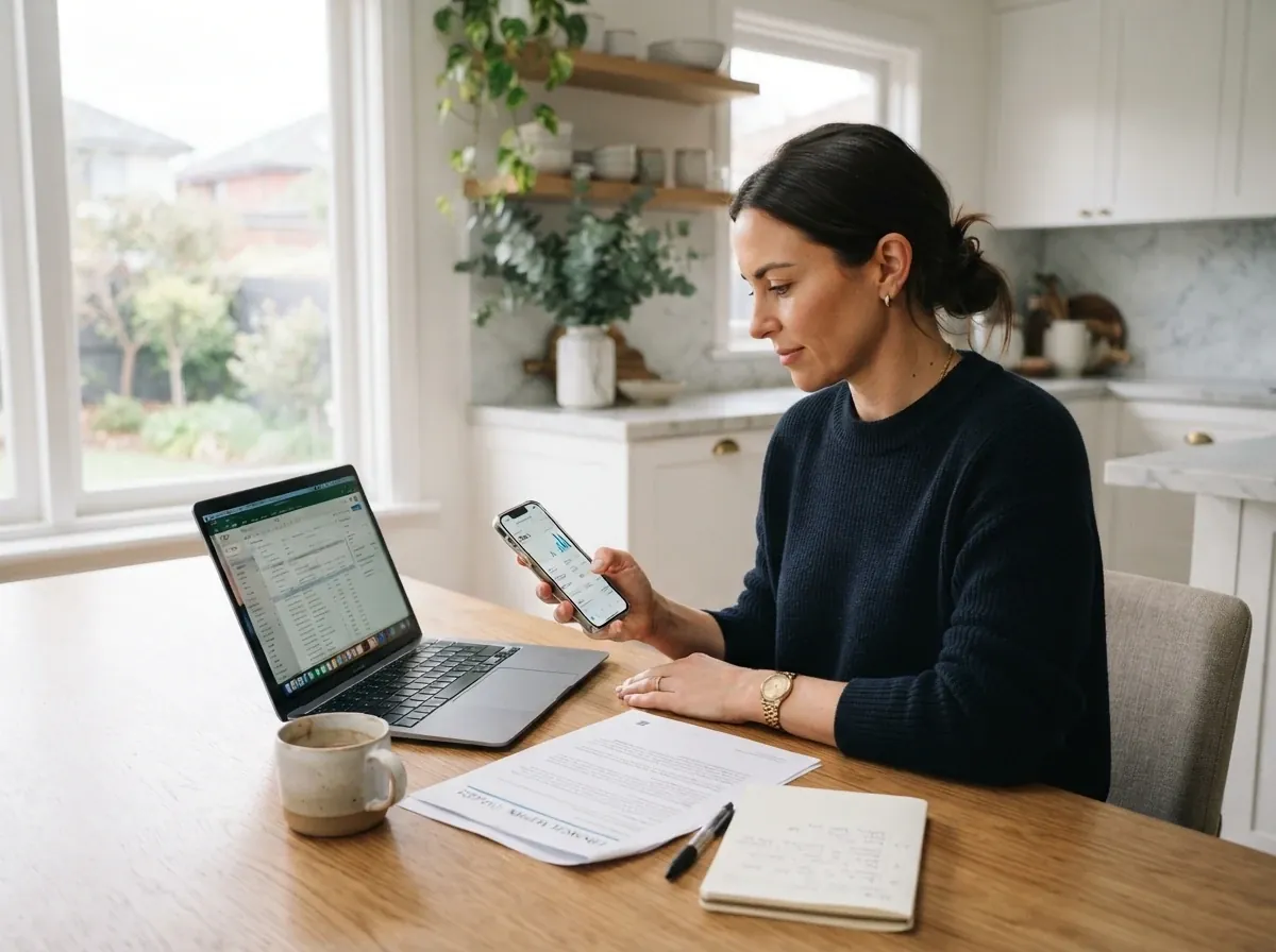 A woman at her kitchen table reviewing a loan offer on her phone, with her laptop open beside her